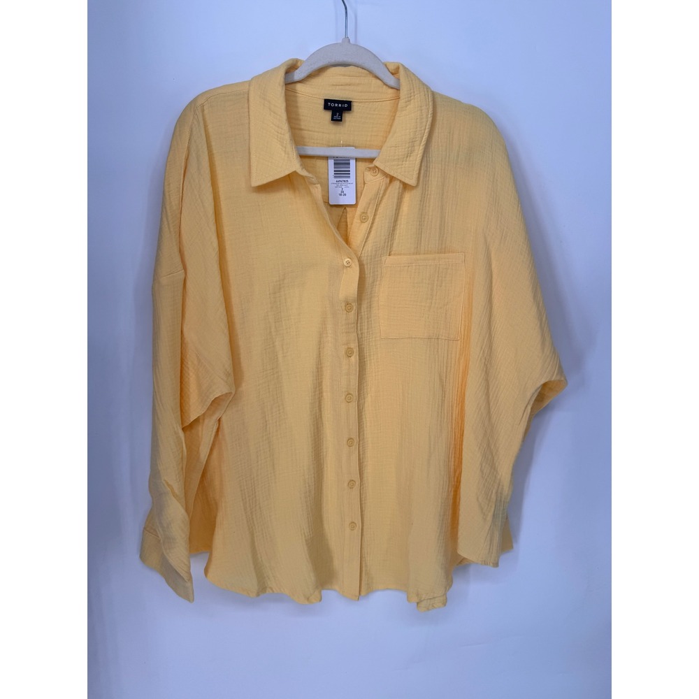 Torrid Button Down Women 2X Yellow NWT Cotton Gauze Drop Shoulder Pocket Shirt